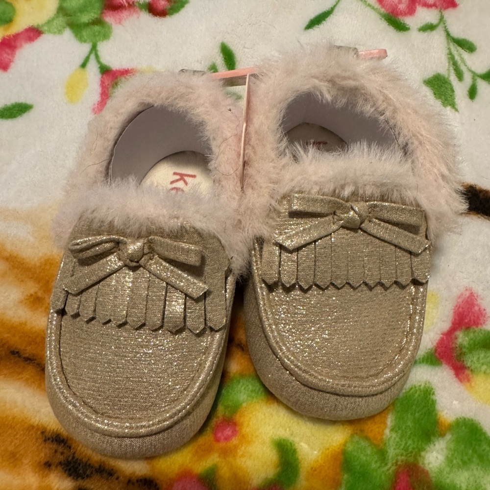 Kensie Shimmering Gold Moccasins with Plush Trim